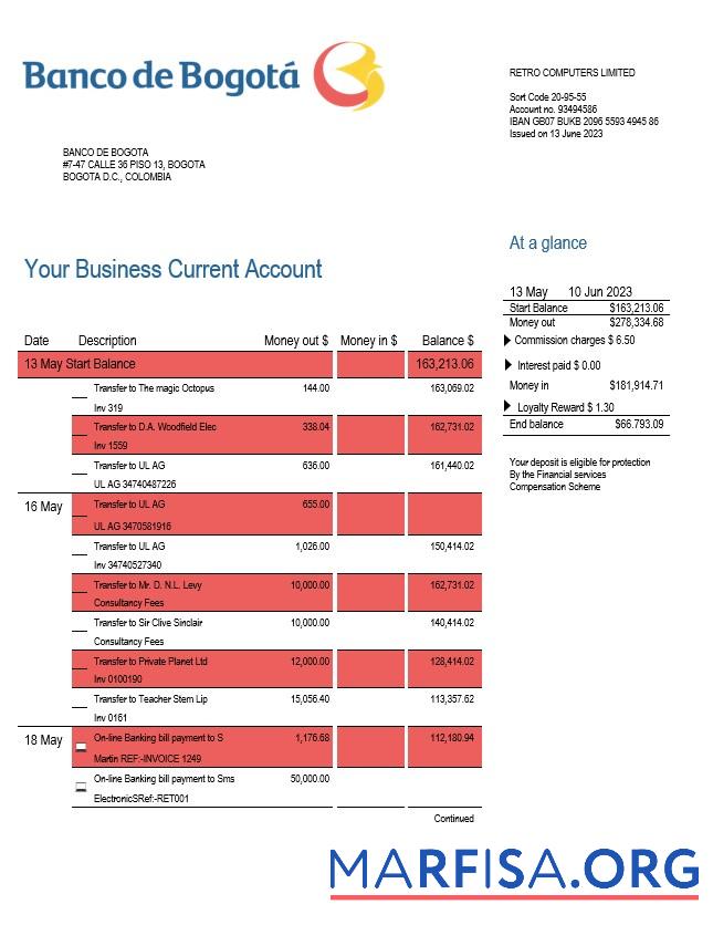 Blank Banco de Bogotá enterprise account statement Word and PDF template